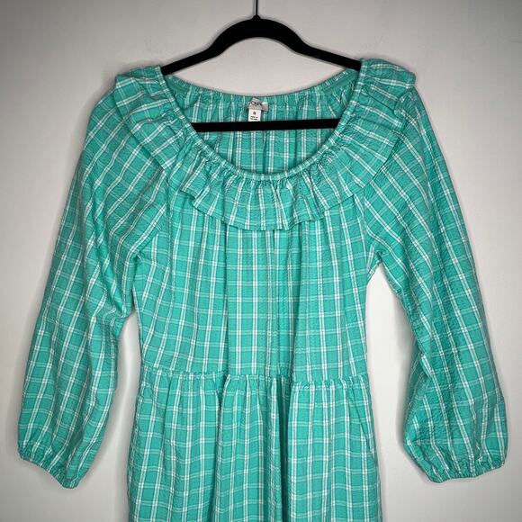J. Crew Teal Seersucker Plaid Ruffle Mini Dress Size 8 - Picture 6 of 8